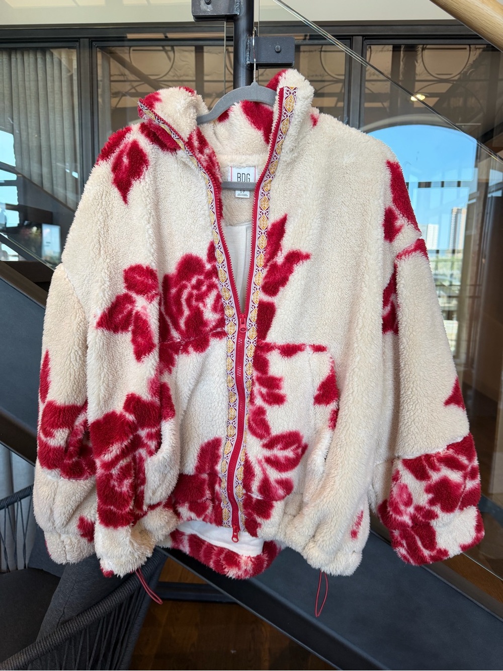 Urban Outfitters Cream Sherpa Teddy Jacket with Red Floral - Picture 7 of 7